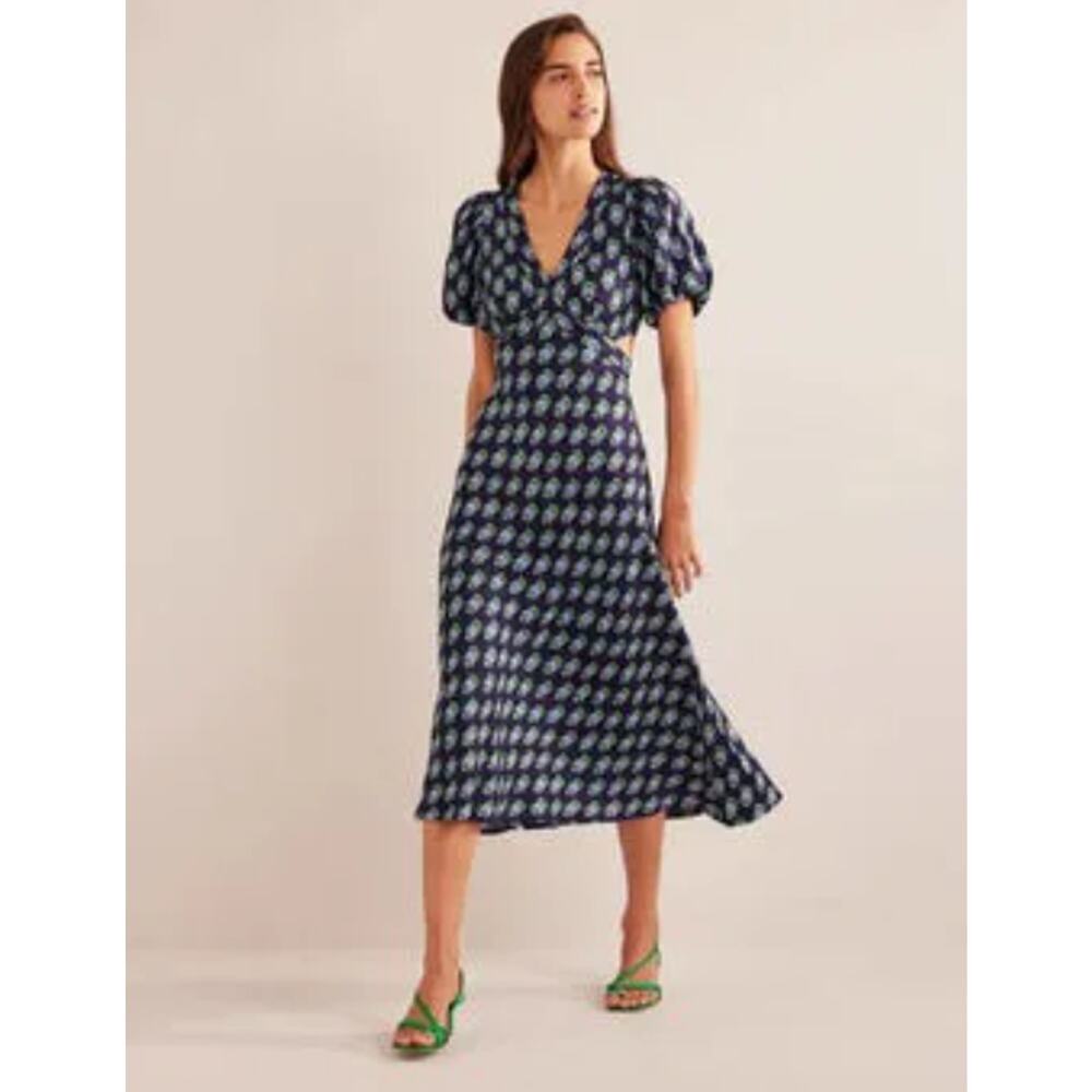 Boden Floral Print Puff Sleeve V-Neck Cut Out Midi Tea Dress Blue Women's 20-22R